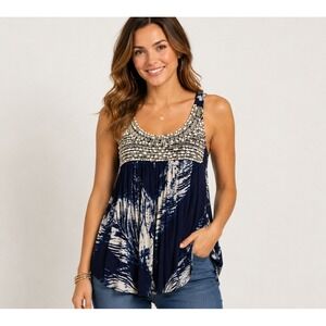 Masseys Women Blue White Palm Print Beaded Neckline Sleeveless Tank Top Large